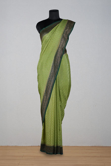 Green-dark green border crepe chiffon banarasi saree