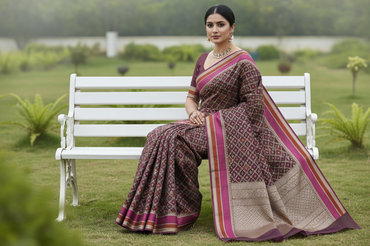 Brown banarasi cotton patola wave saree