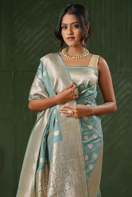 Grey katan silk banarasi saree