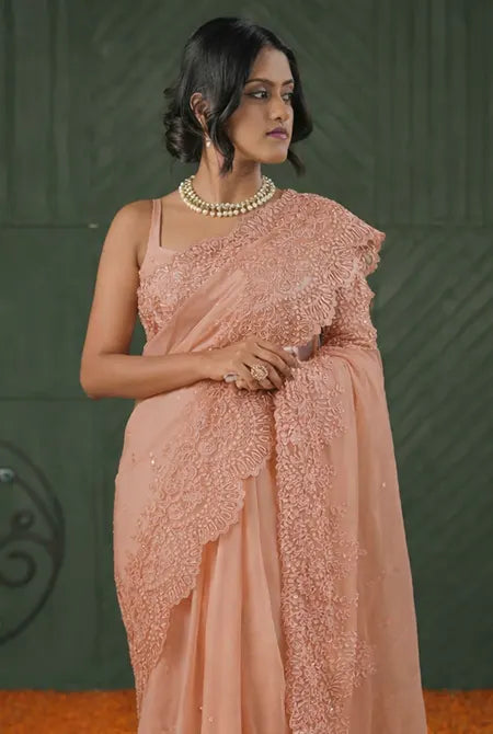 Light peach organza scallop saree