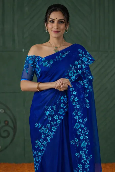 Royal blue Organza embroidery saree