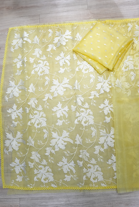Yellow Organza full zaal embroidery saree