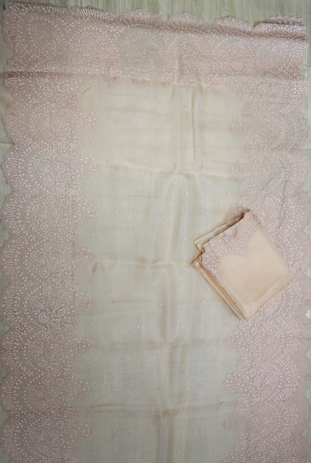 Light peach organza scallop saree