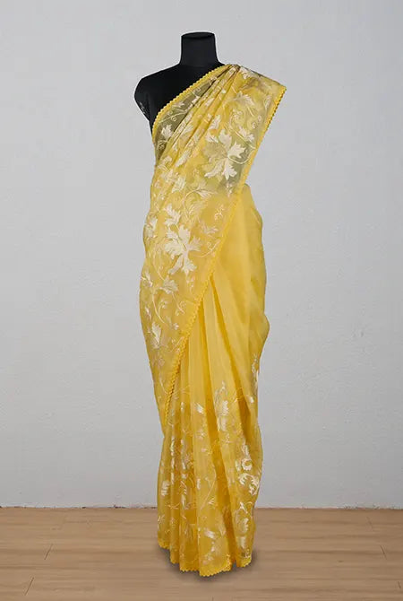 Yellow Organza full zaal embroidery saree