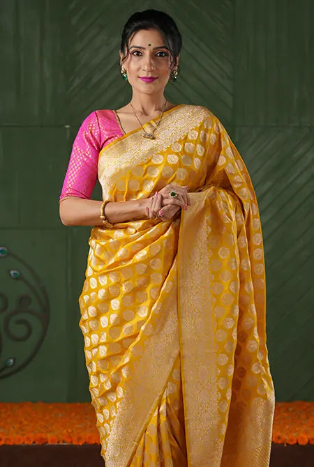 Yellow katan silk banarasi saree